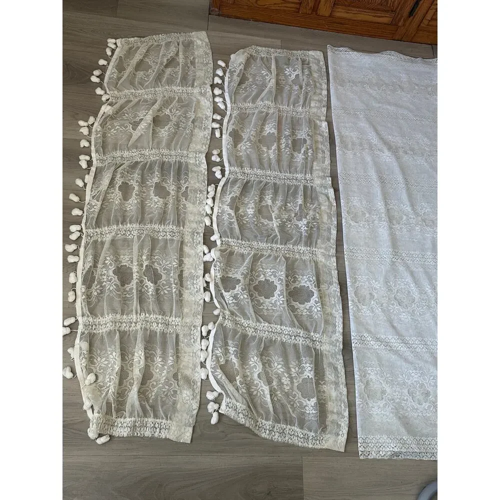 Cream Lace Curtain Panel Set Floral Medallion Pom Pom Valance 4 Pc Cottagecore